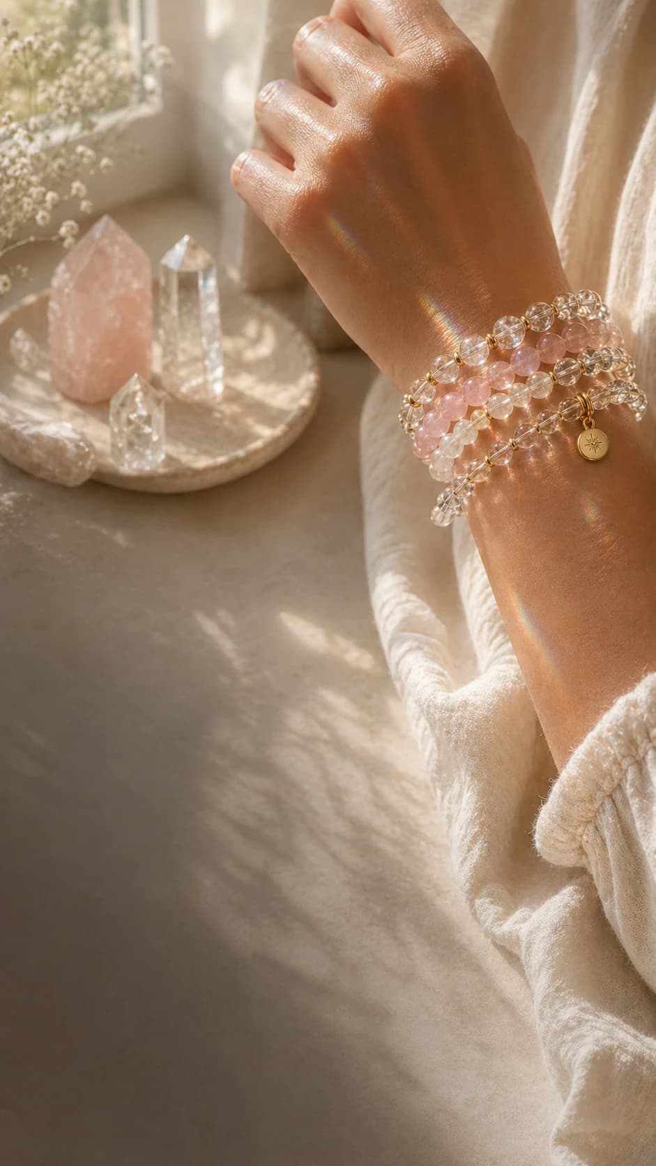 Layered crystal bracelets catching warm sunlight