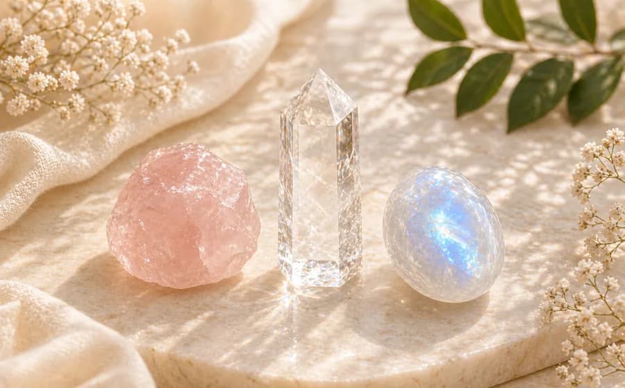 Rose Quartz, Clear Quartz, and Moonstone