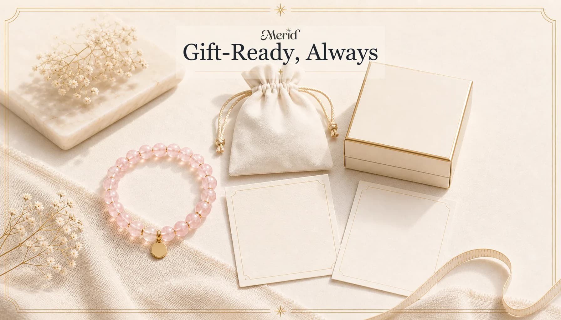 Gift-ready packaging with bracelet, pouch, intention card, and care card